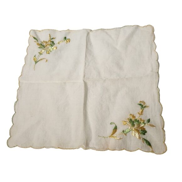 VTG HANKIE YELLOW EMBROIDERED FLOWERS COLORFUL GRAPHIC POCKET SCARF BRIDE - Picture 2 of 4